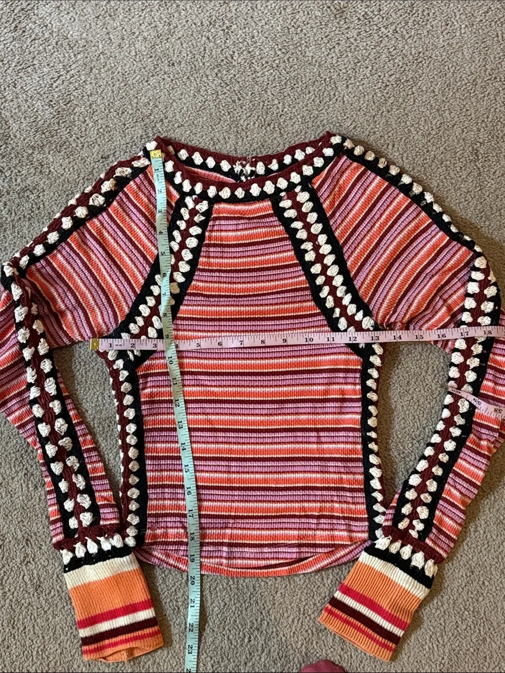 Free People Women’s Striped Pink Multi-Color Crochet Cropped Thermal Top!